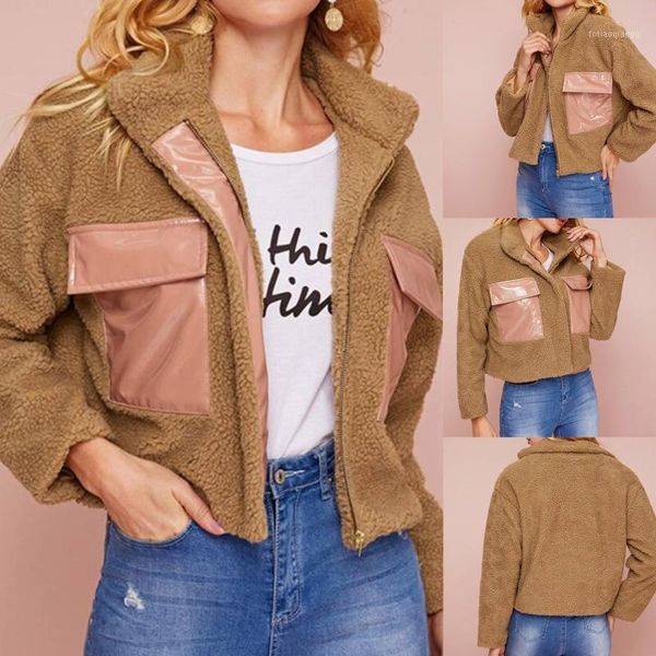 

women's jackets fashion women casual solid color zipper brown long sleeve short patchwork pocket jacket turndown collar coat 21719, Black;brown