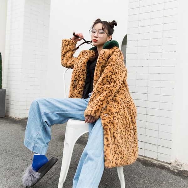 

wool winter faux fur style leopard turn down collar women warm coat feminino, Black