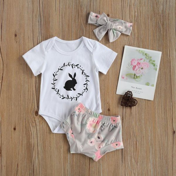 

clothing sets easter day born baby girls boys clothes 3pcs cartoon print short sleeve romper floral shorts headband, White