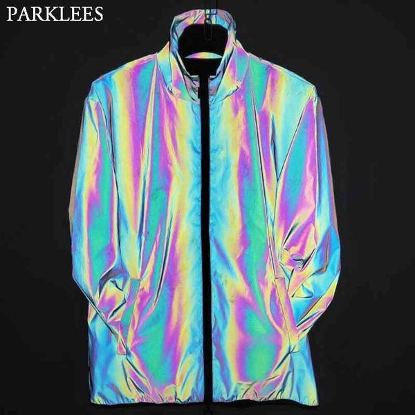 Gökkuşağı Renkli Yansıtıcı Erkek Ceketler Mont Hip Hop Floresan Streetwear Dans Koşu Gece Spor Ceket 3XL 210522