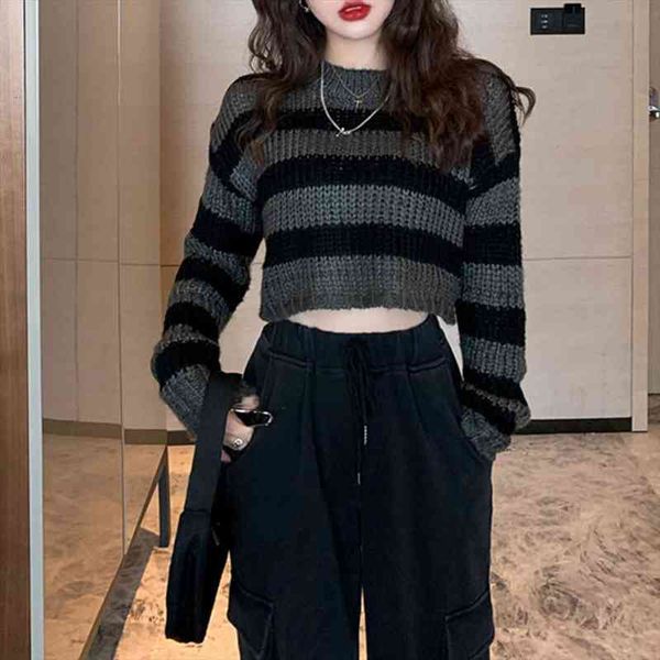 

gothic striped sweater women pullovers short winter knitwear knitted sweaters black gray casual jumper, White;black