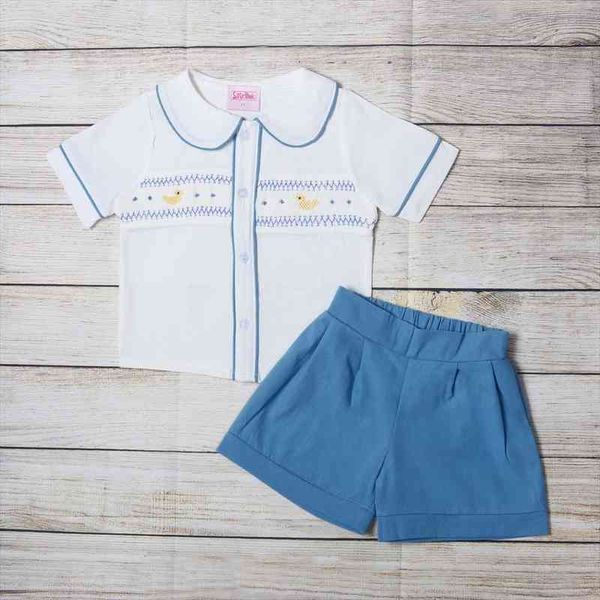 

fashion handwork boutique summer boys smocked clothing short sleeve white shirt blue shorts baby outfit clothes