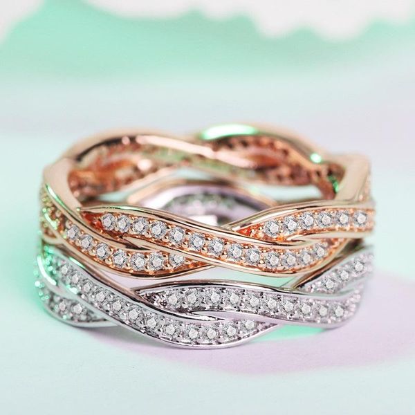 

cluster rings exquisite women's two-color rose gold crystal zircon ring iced out mobius anniversary gift birthday party jewelry, Golden;silver