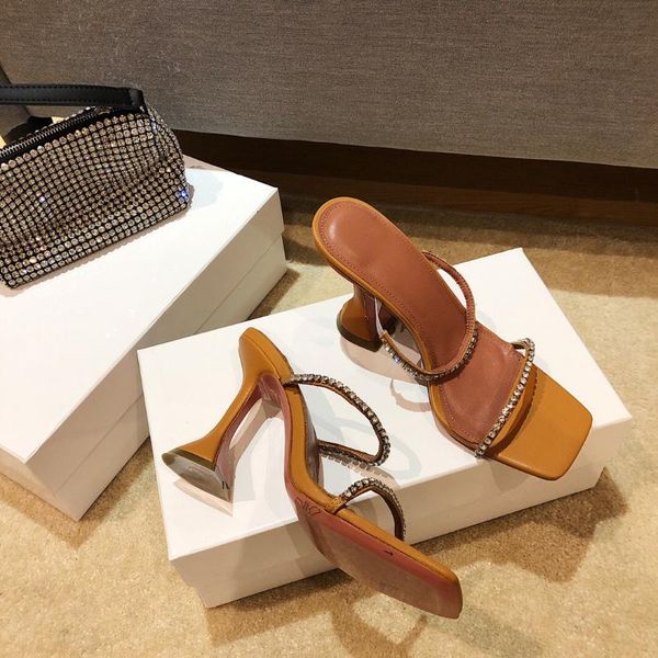 

amina muaddi gilda beeswax leather crystal embellished strap slippers mules evening shoes rhinestone spool heel women's heels luxury de, Black