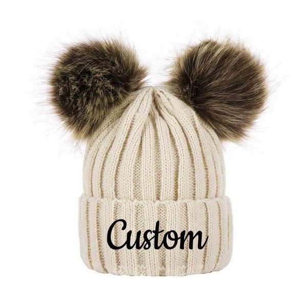 

beanies custom embroidery logo text name women winter beanie knitte ddouble pompones hat baby boy girls warm with