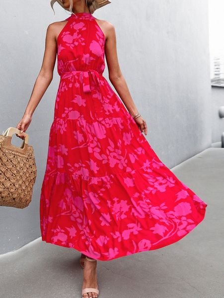 

floral print ruffle hem belted halter dress z5kp#, Black;gray