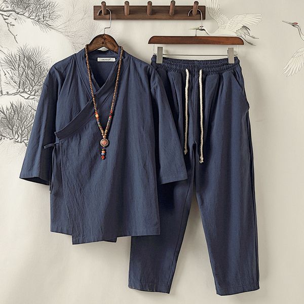 

men's vests men cotton linen casual sets 2pcs tang suit chinese ancient loose cardigan plus size 5xl hanfu harajuku kimono robe gown d, Black;white