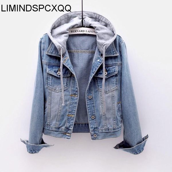 

hooded ladies short denim jackets korean style fashion chaquetas de mezclilla para mujer 2021 long sleeve slim casual distressed women', Black