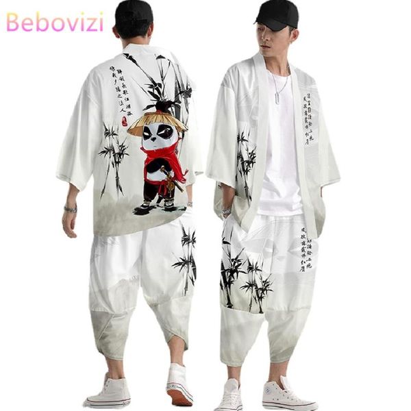 

ethnic clothing 2021 panda print chinese style robe sets fashion japanese kimono beach harajuku men women cardigan haori asian clothes pant, Red
