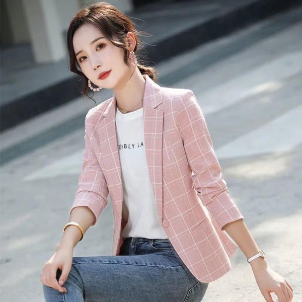 

women's suits & blazers korean casual slim collar long sleeve work all-match elegant blazer jacket women vintage stylish plaid office l, White;black