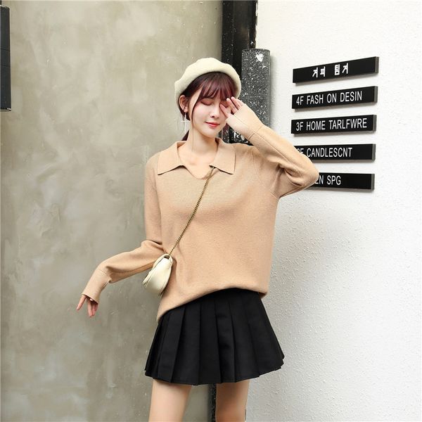 

sweet autumn winter knitted sweater women office lady solid turn-down collar pullovers 210520, White;black