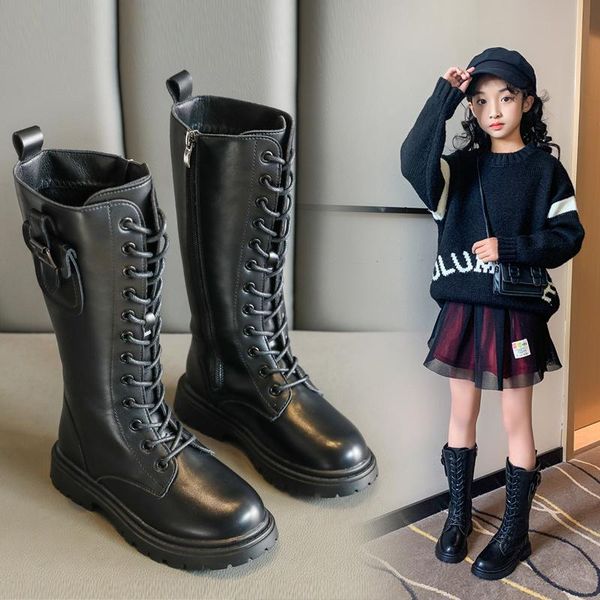 

boots girls plus fleece big children' leather princess riding high, Black;grey