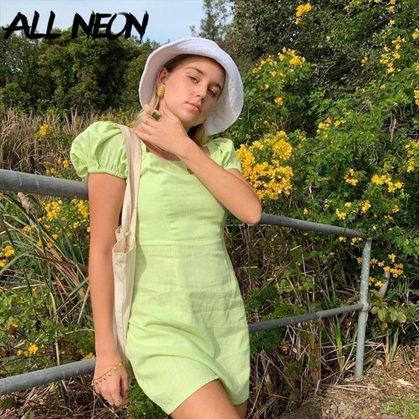 

2000s aesthetics sweet womens dress square collar green y2k fashion cute puff sleeve a line vintage outfits streetwear, Black;gray