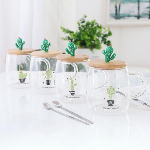 

originality heat-resisting glass coffee mug cactus flower receptacle lovely milk cup teacup personality bring cover spoon wine glasses