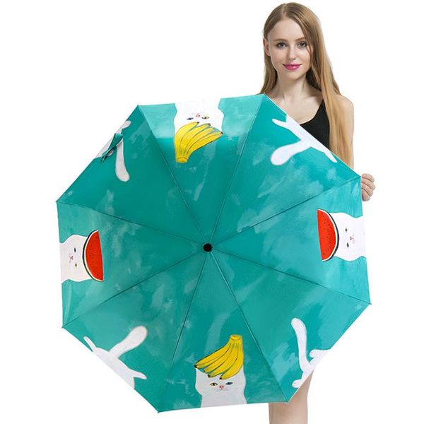 

cute cat original design women umbrella oil painting portable 3 folding parasol fashion lady banana fruit umbrellas