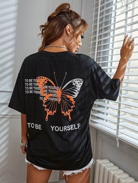 

butterfly and slogan graphic drop shoulder tee g6mw#, White