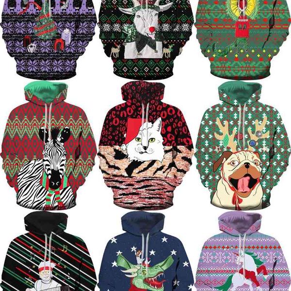 

christmas theme 3d digital printing couple hooded sweater, Black