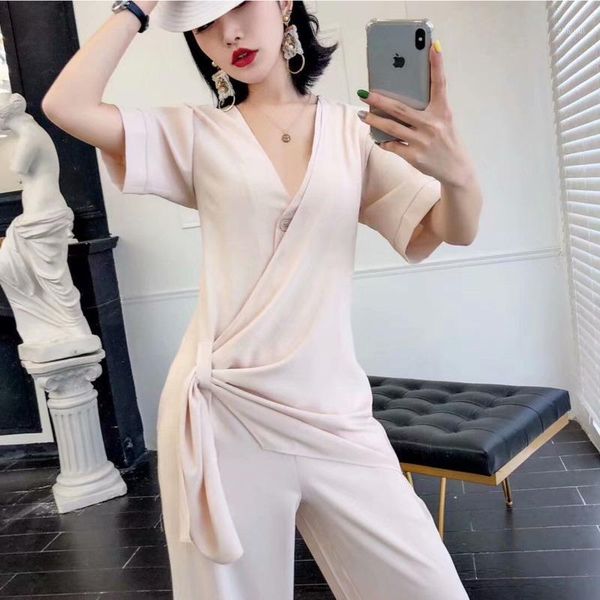 

two piece dress [ewq] 2021 spring summer trend design short sleeve v-neck wrapped chest t-shirt high waist wide-leg pants ladies 2 sets, White