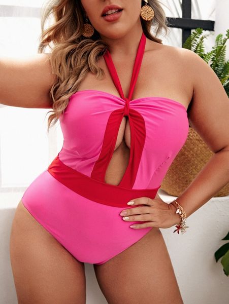 

plus contrast binding halter one piece swimsuit t8zr#, Black