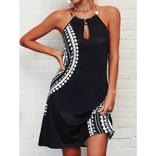 

casual dresses women summer vintage floral print mini dress sleeveless halter strapless a line holiday beach short roupa, Black;gray