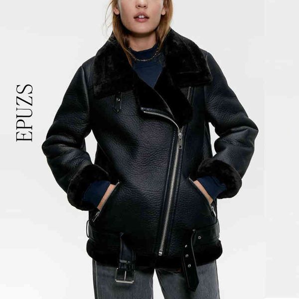 

winter loose black pu leather jacket women fur collar motorcycle coat streetwaer warm biker jacket outwear 210430