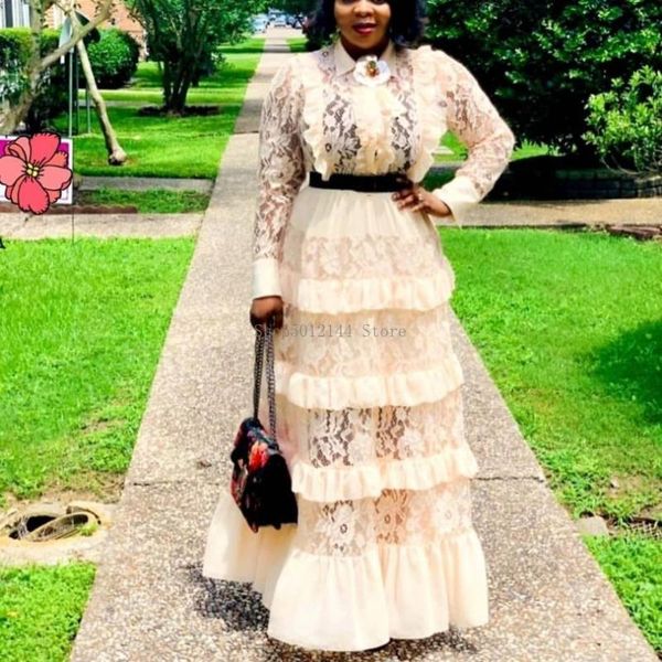 

casual dresses autumn fashion women long sleeve lace ruffle maxi dress solid evening party layered elegant high waist vestidos, Black;gray