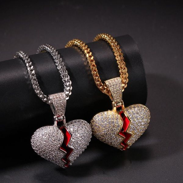 

iced out broken heart pendant necklace for mens womens fashion hip hop gold silver necklaces jewelry