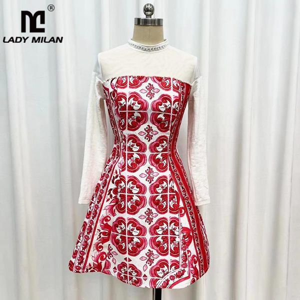

casual dresses women's runway o neck long sleeves patchwork beaded a line dobby printed dress vestidos, Black;gray