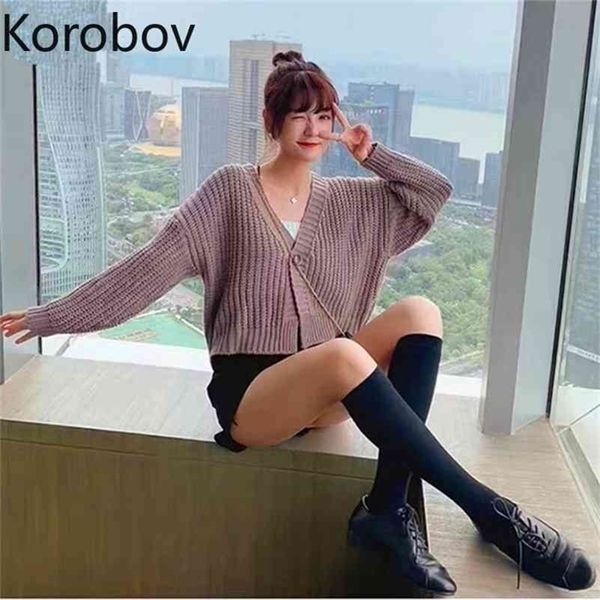 

korobov korean chic v neck long sleeve cardigans vintage single breasted cardigan autumn winter preppy style sweater 210430, White