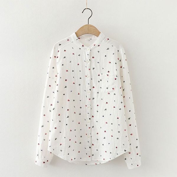 

women's blouses & shirts spring autumn arts style women long sleeve loose white shirt 100% cotton flower print casual blouse femme