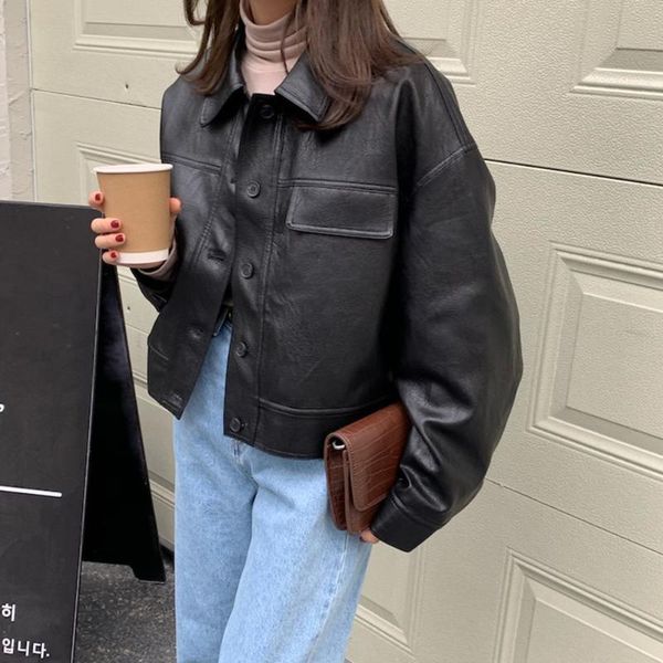 

women's leather & faux button up basic short coat turndown collar motor biker jacket women spring autumn fashion black bomber jackets