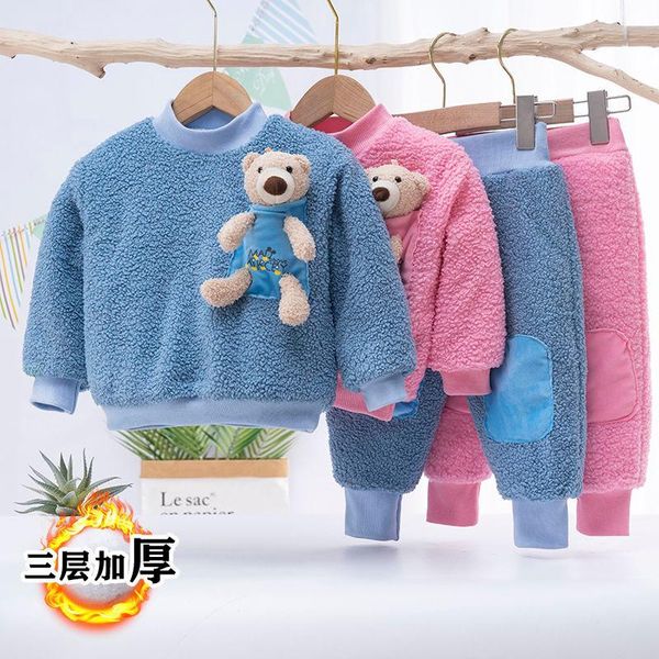 

clothing sets 80-120 cm winter girls boys cute cartoon bear fleece suit baby kids children set 2pcs, White