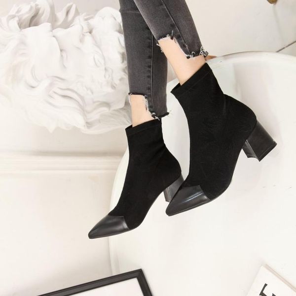 

boots big size high-heeled elastic with pointed solid colors, Black