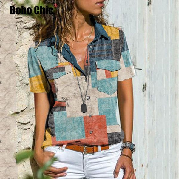 

women's blouses & shirts boho chic women geometric printed short sleeves bohemian lady clothing button v neck hippie casual tees, White