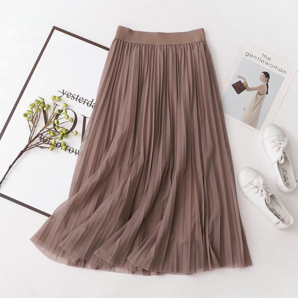 

skirts korean style women pleated skirt khaki black pink beige gray calf length elastic waist gauzy spring summer autumn wear