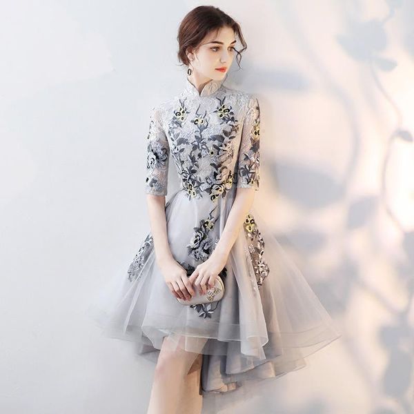 

female exquisite flower embroidery banquet gown elegant formal party dress gray temperament chinese bridesmaids dresses ethnic clothing, Red