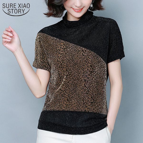 

spring women's fashion style european leopard print spliced shirt high collar bat sleeve bright silk bottoming 12852 210508, White