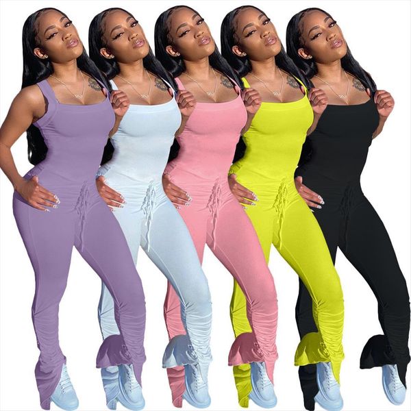 

solid color sleeveless tank womens rompers stacked bell bottom flare long pants playsuit casual sports overall lady, Black;white