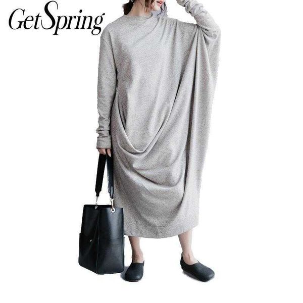 

getsring women dresses long autumn oversized solid cotton full sleeve s casual wear plus size cloths 210601, Black;gray