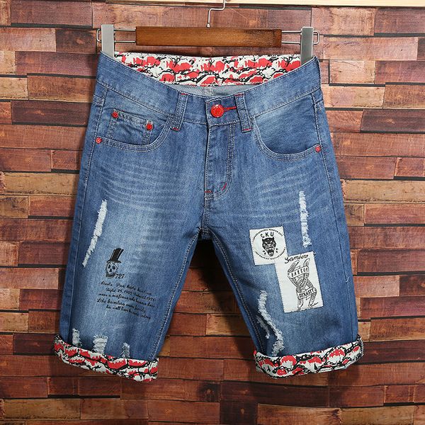 

summer men's ripped denim shorts five-point slim straight leg printing pants trend, Blue