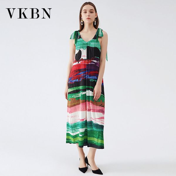 

vkbn summer dress women casual v-neck sleeveless ruched fabric pullover ink printing party elegant maxi dress fashion 210507, Black;gray