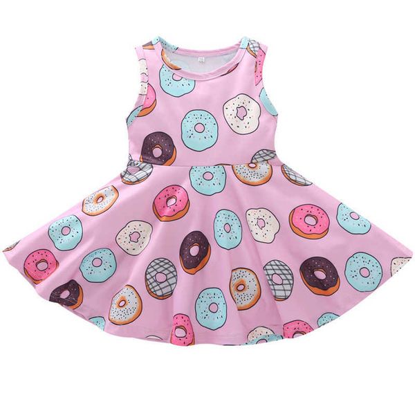 Moda Macaron Baskı Kızlar Elbiseler Yaz Pamuk Kolsuz Çocuk Yelek Elbise Bahar Yuvarlak Boyun Sevimli Çörek Desen Elbise Q0716