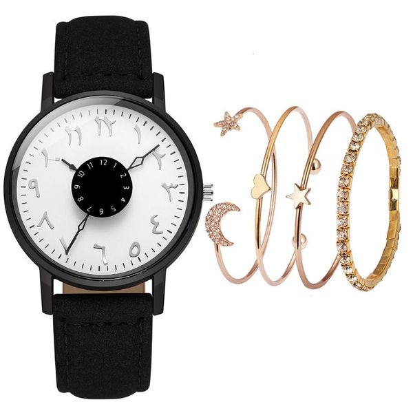 

5pcs women watch set digital dial leather ladies dress bracelet woman quartz wristwatch luxury black relogio femenino wristwatches, Slivery;brown