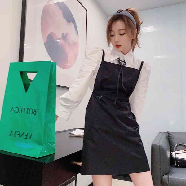 

2022 factory wholesale new model p family 21 spring and summer product age reducing wind bubble sleeve white shirt nylon vest suspender skir, Black;gray