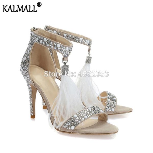 

summer zip tassel sandalias rhinestone pearls studded high heels bridal wedding shoes fluffy feather fringe sandals, Black