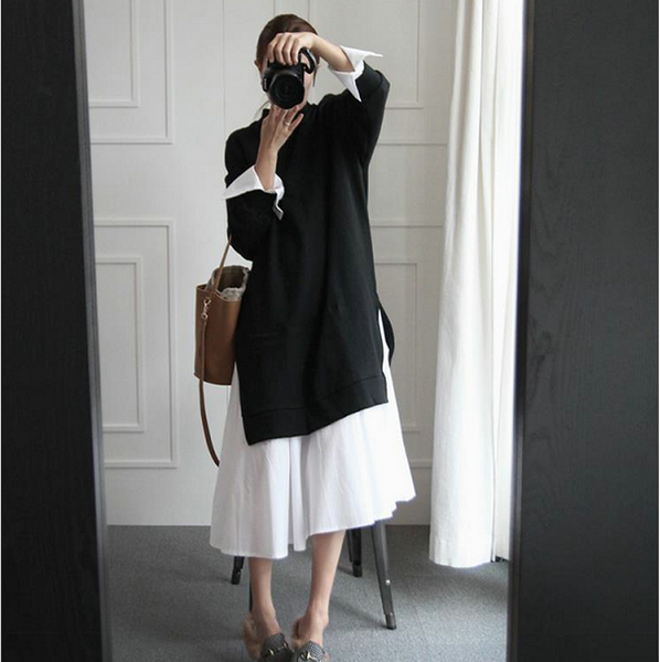 

korean style maternity fashion long-sleeved dress autumn pregnant women clothes preppy style black white cotton dress wholesale