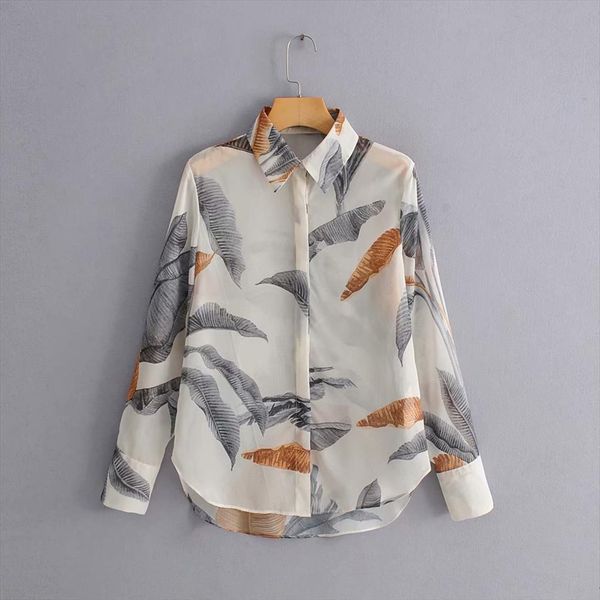 

vintage leaves print casual slim womens shirt business long sleeve office wear blusas chic summer ls3872, White