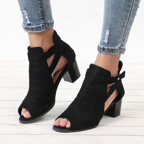 

sandals kancoold spring summer women fashion fish mouth hollow out zipper breathable party shoes square heel, Black