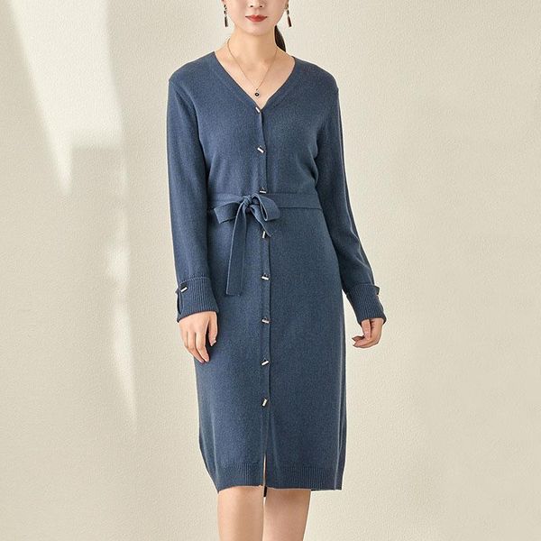 

casual dresses quality 100% sheep wool fall 2021 french gentle fashion pure color v-neck belt knitting dress, Black;gray