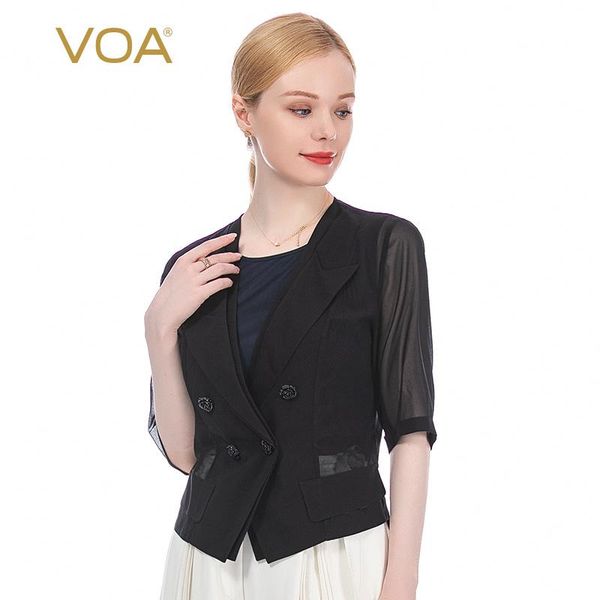 

women's jackets voa 12mm silk stretch double-layer collar five-point sleeves double-breasted buttoned waist micro-transparent short coa, Black;brown